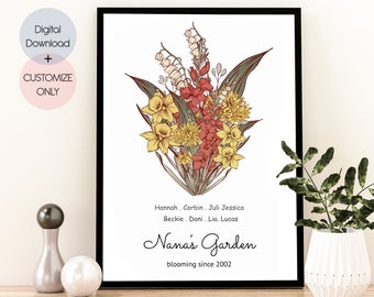 Ramo de flores familiar Arte floral del mes de nacimiento / Regalo personalizado PERSONALIZADO / Ramo de flores de nacimiento familiar / Descarga digital