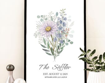 May include: A framed floral print featuring a watercolor bouquet with a large lavender daisy and blue flowers. The print includes the text "The Stiffler" and the date "August 12 2025". The frame is black.