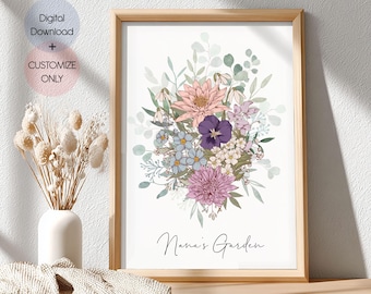 Ramo de flores familiar. Arte floral para el mes de nacimiento. Regalo personalizado. Ramo familiar de flores de nacimiento. Regalo de flores de nacimiento. Descarga digital.