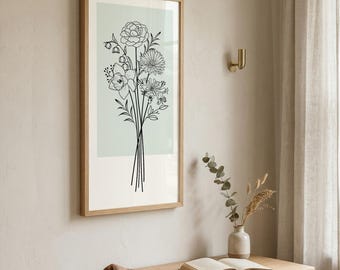 May include: A framed vertical wall art print featuring a black line drawing of a floral bouquet on a pale sage green rectangular background. The bouquet includes various flowers and leaves with thin stems extending downward in a simple composition.