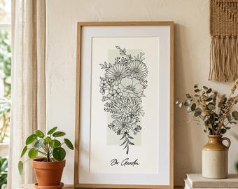 Up to 7 Flowers.Family Flower Bouquet Birth Month Flower Art. Black Floral Botanical Line Art Print . Custom Flower Long Narrow Art