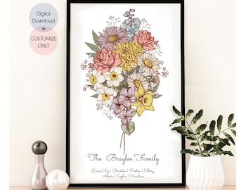 CUSTOM Birth Flower Bouquet, Birth Month Flower Art, Digital Download, Personalized Gift for Grandma, Custom Personalized Gift