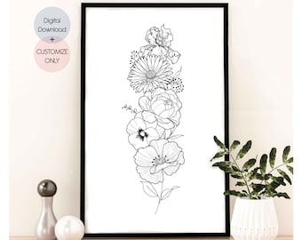 May include: Black and white line art print of a bouquet of flowers. The flowers include an iris, a daisy, a peony, a pansy, and a poppy.