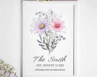 May include: A framed floral print featuring a watercolor bouquet of purple and pink flowers with green foliage. The text "The Smith" and the date "EST. AUGUST 12 2025" are displayed below the flowers. The print is in a white frame.