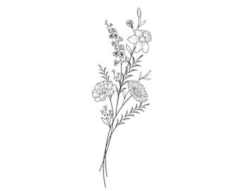 Up to 7 Flowers | Custom Birth Flower Tattoo Design | Personalized Floral Bouquet Tattoo | Birth month floral line art print | Digital PNG