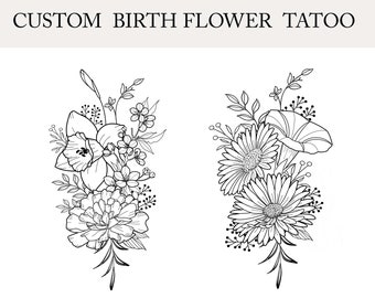 Up to 7 Flowers | Custom Birth Flower Tattoo Design | Personalized Floral Bouquet Tattoo | Birth month floral line art print | Digital PNG