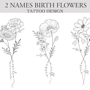 Peut inclure: Un dessin au trait noir et blanc de trois bouquets de fleurs avec les noms "Rosalie Maureen", "Noelle Cassie" et "Noelle Cassie" écrits sous chaque bouquet.