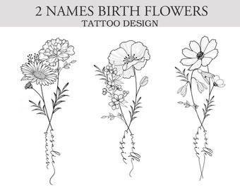 2 Birth Flower Name Tattoo | Couple Family Personalized Gift | Custom Name Birth Flower Tattoo Design | Birth month floral print | Digital