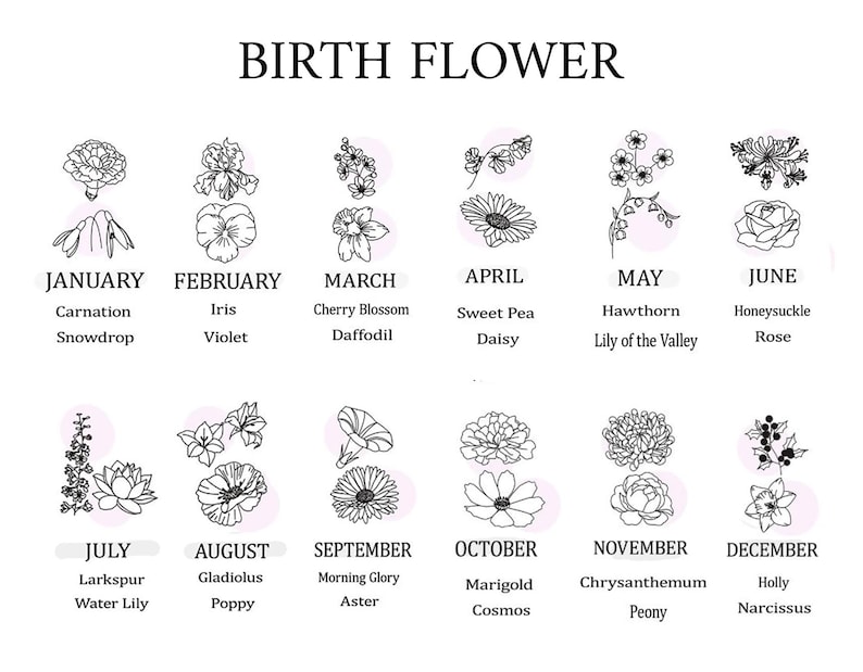 May include: A chart showing the birth flower for each month of the year. The chart features black and white line drawings of flowers with the name of the flower and month listed below each image.
