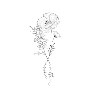 2 Names Birth Month Flowers Tattoo Art | Custom Name Birth Flower Tattoo Design | Birth month floral line art print | Name tattoo | Digital