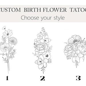 May include: Three black and white line drawings of different floral arrangements. The first arrangement is a bouquet of flowers with a poppy, cosmos, and other small flowers. The second arrangement is a bouquet of flowers with a large rose, daffodils, and other small flowers. The third arrangement is a bouquet of flowers with a large poppy, peonies, and other small flowers. The drawings are labeled 1, 2, and 3.