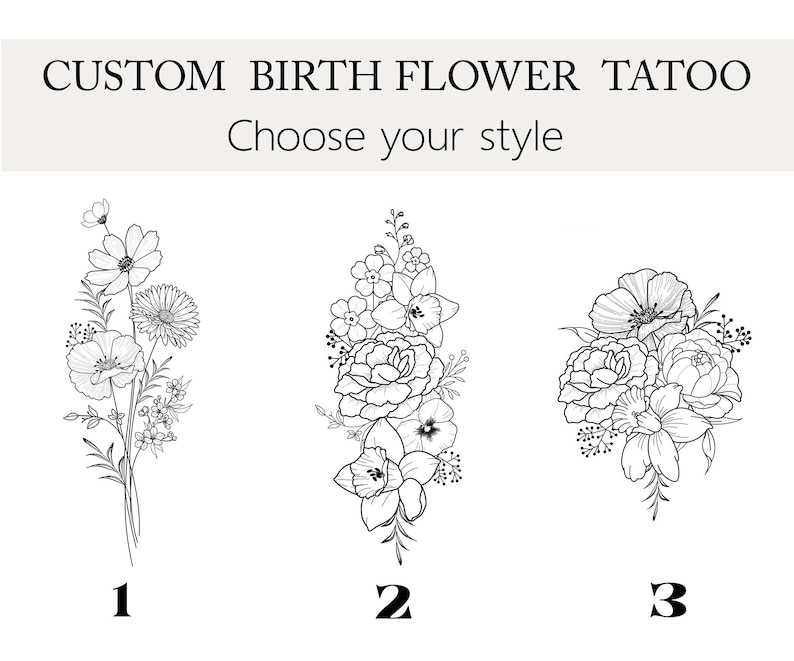 May include: Three black and white line drawings of different floral arrangements. The first arrangement is a bouquet of flowers with a poppy, cosmos, and other small flowers. The second arrangement is a bouquet of flowers with a large rose, daffodils, and other small flowers. The third arrangement is a bouquet of flowers with a large poppy, peonies, and other small flowers. The drawings are labeled 1, 2, and 3.