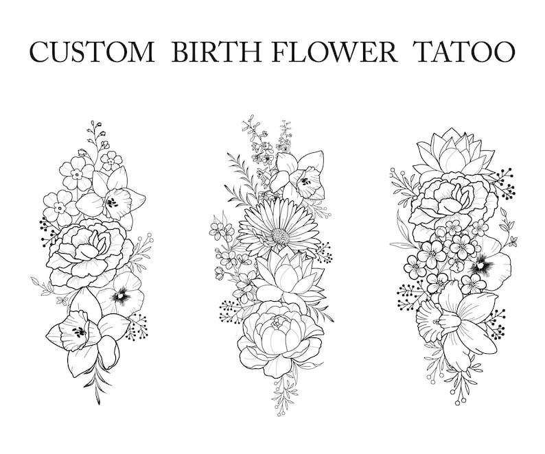 May include: Three black and white line drawings of different flower bouquets. Each bouquet is made up of various flowers, including roses, daisies, and lilies.