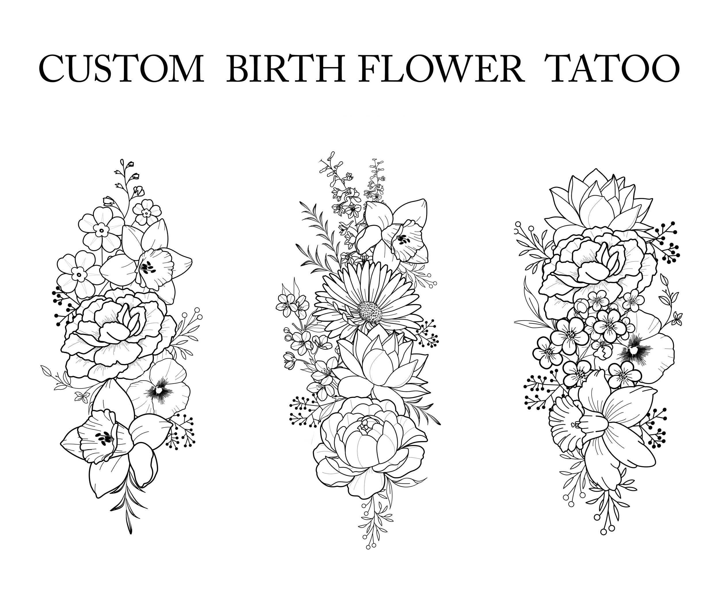Up to 7 Flowers | Custom Birth Flower Tattoo Design | Personalized Floral Bouquet Tattoo | Birth month floral line art print | Digital PNG