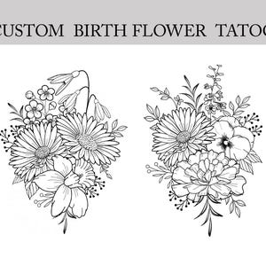 May include: Two black and white line drawings of floral bouquets. The bouquets are made up of various flowers, including daisies, pansies, and daffodils.