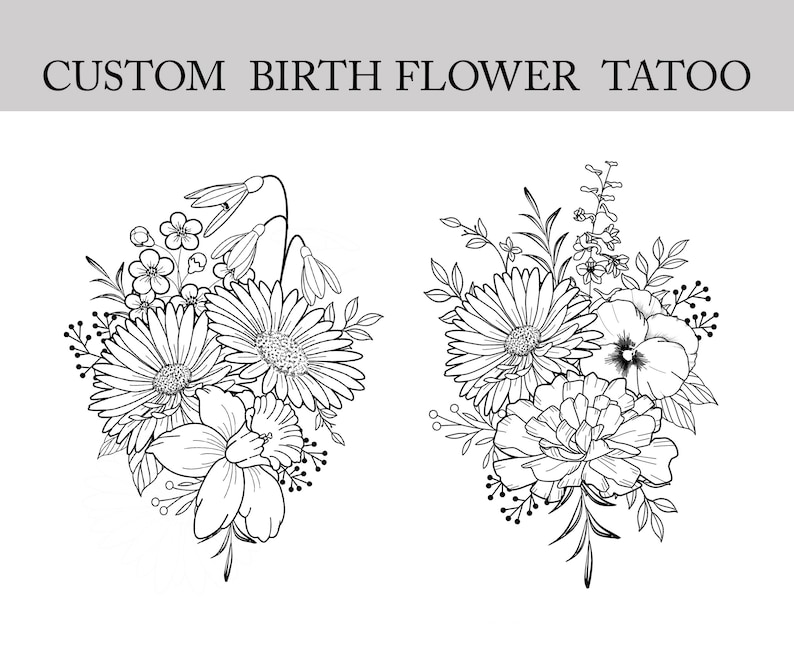 May include: Two black and white line drawings of floral bouquets. The bouquets are made up of various flowers, including daisies, pansies, and daffodils.