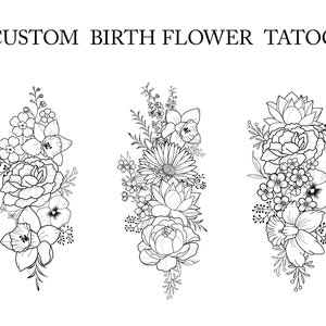 Up to 7 Flowers | Custom Birth Flower Tattoo Design | Personalized Floral Bouquet Tattoo | Birth month floral line art print | Digital PNG