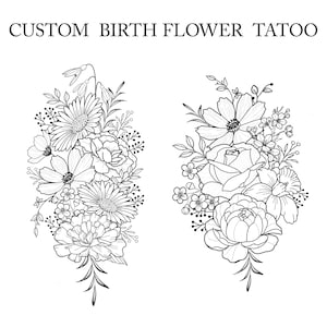 Up to 10 Flowers | Custom Birth Flower Tattoo Design | Personalized Floral Bouquet Tattoo | Birth month floral line art print | Digital PNG
