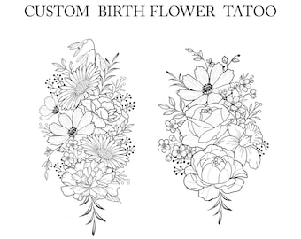Up to 10 Flowers | Custom Birth Flower Tattoo Design | Personalized Floral Bouquet Tattoo | Birth month floral line art print | Digital PNG
