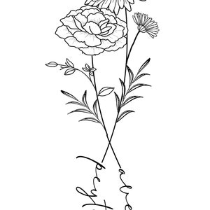 May include: Black and white floral line art design featuring a daisy, rose, and small flower with leaves. The names "Payton" and "Avery" are written in cursive script, intertwined with the flowers.