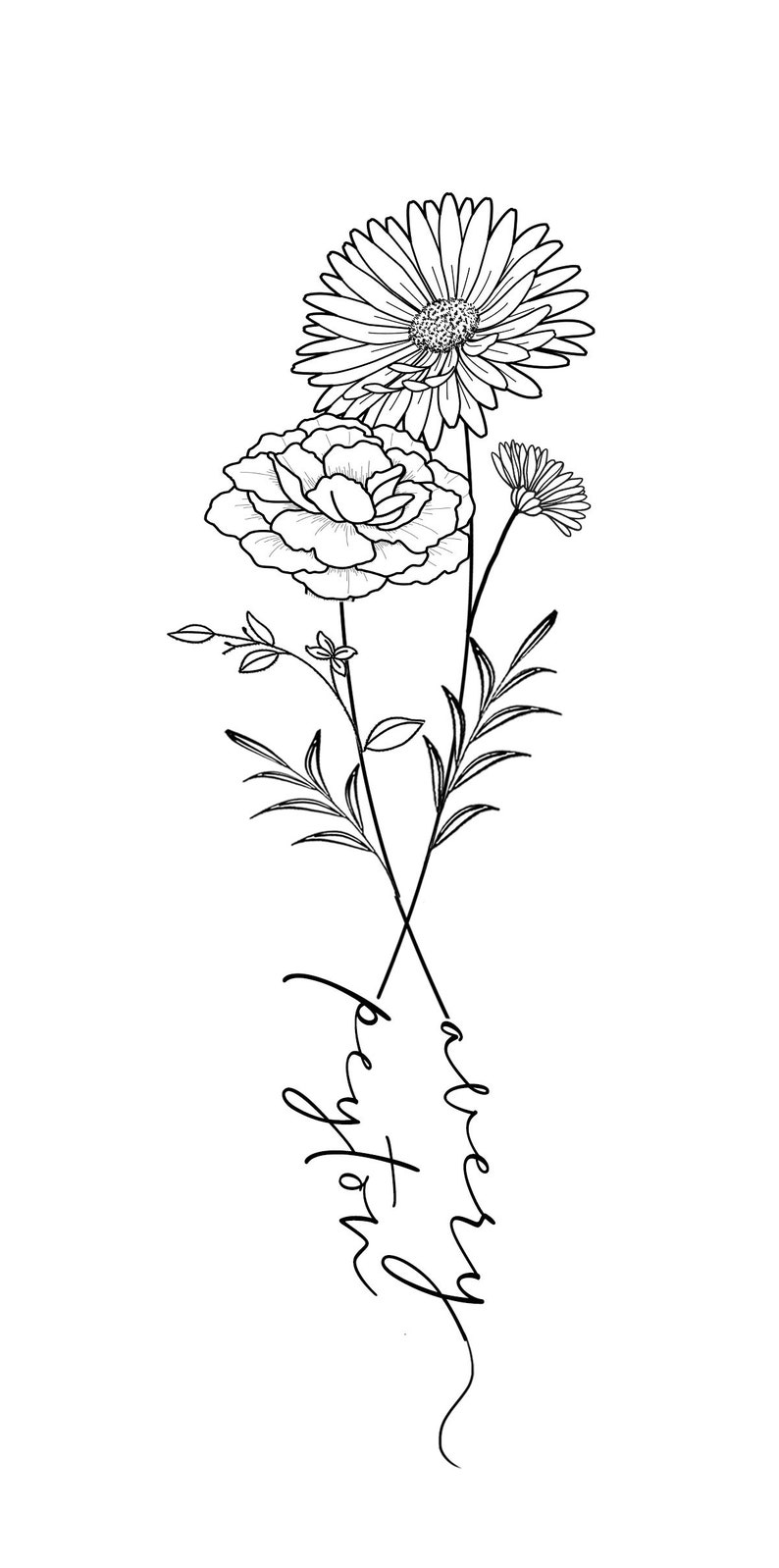 May include: Black and white floral line art design featuring a daisy, rose, and small flower with leaves. The names "Payton" and "Avery" are written in cursive script, intertwined with the flowers.