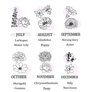 May include: A black and white illustration of birth flowers for each month of the year. The months are listed with the corresponding flowers, including Larkspur, Water Lily, Gladiolus, Poppy, Morning Glory, Aster, Marigold, Cosmos, Chrysanthemum, Peony, Holly, and Narcissus.