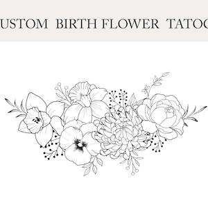 Up to 7 Flowers | Custom Birth Flower Tattoo Design | Personalized Floral Bouquet Tattoo | Birth month floral line art print | Digital PNG
