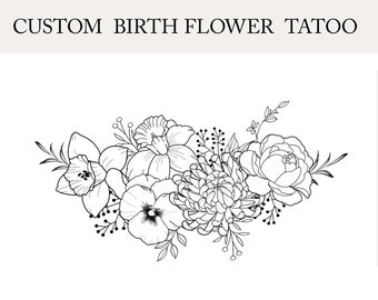 Up to 7 Flowers | Custom Birth Flower Tattoo Design | Personalized Floral Bouquet Tattoo | Birth month floral line art print | Digital PNG