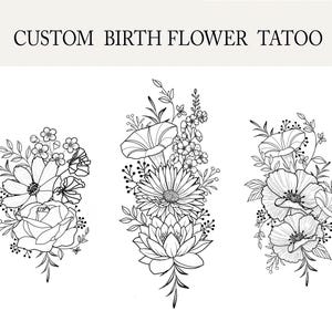 Até 7 flores | Design personalizado de tatuagem de flor de nascimento | Tatuagem personalizada de buquê de flores | Impressão de arte floral com o mês de nascimento | PNG digital