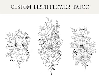 Up to 7 Flowers | Custom Birth Flower Tattoo Design | Personalized Floral Bouquet Tattoo | Birth month floral line art print | Digital PNG
