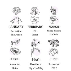 May include: A white graphic featuring the text "Birth Flowers" at the top. Below are illustrations of flowers, each associated with a month, including January's Carnation, February's Iris, and March's Cherry Blossom.