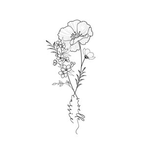 May include: Black and white floral line art featuring a large poppy and smaller flowers. The design includes the names "Noelle" and "Cassie" in a cursive font, integrated into the stem of the flowers. A delicate botanical illustration.