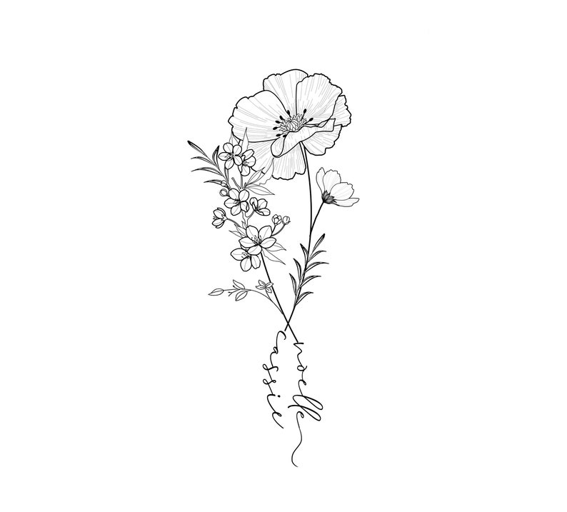 May include: Black and white floral line art featuring a large poppy and smaller flowers. The design includes the names "Noelle" and "Cassie" in a cursive font, integrated into the stem of the flowers. A delicate botanical illustration.