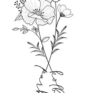 May include: Black and white floral line art featuring three flowers and foliage. The word "kellie parker" is written in cursive script below the flowers. The design is suitable for tattoos, wall art, or other creative projects.
