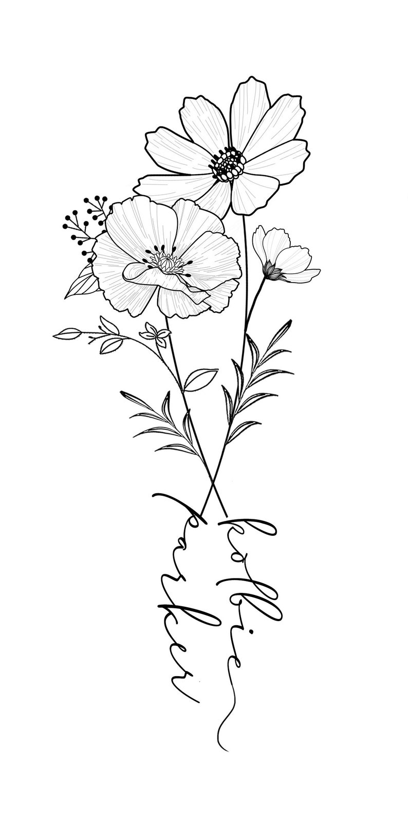 May include: Black and white floral line art featuring three flowers and foliage. The word "kellie parker" is written in cursive script below the flowers. The design is suitable for tattoos, wall art, or other creative projects.