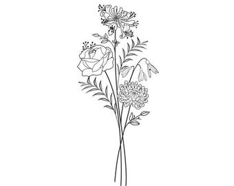 Up to 7 Flowers | Custom Birth Flower Tattoo Design | Personalized Floral Bouquet Tattoo | Birth month floral line art print | Digital PNG