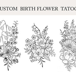 Up to 7 Flowers | Custom Birth Flower Tattoo Design | Personalized Floral Bouquet Tattoo | Birth month floral line art print | Digital PNG