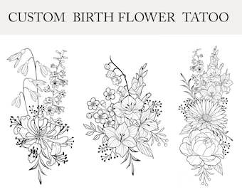 Up to 7 Flowers | Custom Birth Flower Tattoo Design | Personalized Floral Bouquet Tattoo | Birth month floral line art print | Digital PNG