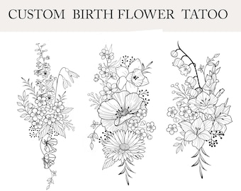 May include: Three black and white line drawings of different flower bouquets. Each bouquet is made up of various flowers, including a poppy, a daisy, and a lily of the valley.