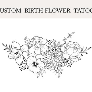 May include: Black and white line drawing of a bouquet of flowers, including a daffodil, a pansy, a chrysanthemum, and a rose.