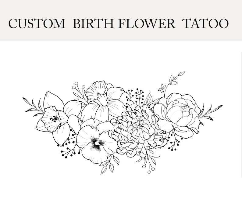 May include: Black and white line drawing of a bouquet of flowers, including a daffodil, a pansy, a chrysanthemum, and a rose.