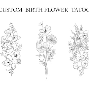 Up to 7 Flowers | Custom Birth Flower Tattoo Design | Personalized Floral Bouquet Tattoo | Birth month floral line art print | Digital PNG