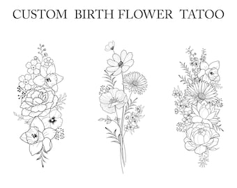 Up to 7 Flowers | Custom Birth Flower Tattoo Design | Personalized Floral Bouquet Tattoo | Birth month floral line art print | Digital PNG