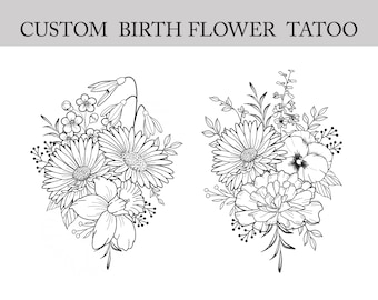 May include: A black and white line drawing of two bouquets of flowers. The bouquets are made up of various flowers, including daisies, pansies, and carnations. The flowers are arranged in a loose, natural style.