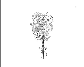 May include: A black and white line art illustration of a floral bouquet featuring various blossoms, including a lotus, a rose, and a daisy, with delicate stems and leaves tied together at the base with a simple bow made of thin string.