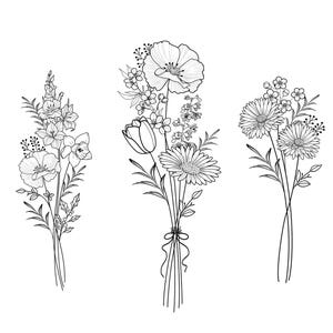 Up to 7 Flowers | Custom Birth Flower Tattoo Design | Personalized Floral Bouquet Tattoo | Birth month floral line art print | Digital PNG