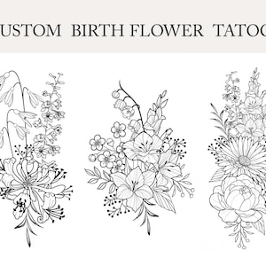 May include: Three black and white line drawings of flower bouquets. Each bouquet features different types of flowers, including lilies, daisies, and other floral arrangements.