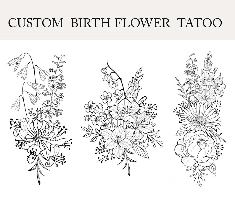 May include: Three black and white line drawings of flower bouquets. Each bouquet features different types of flowers, including lilies, daisies, and other floral arrangements.
