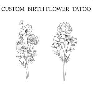 May include: Two black and white line drawings of flower bouquets. The bouquet on the left features a cosmos, poppy, daisy, and small flowers. The bouquet on the right features a rose, daffodil, and honeysuckle.