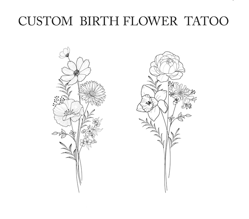 May include: Two black and white line drawings of flower bouquets. The bouquet on the left features a cosmos, poppy, daisy, and small flowers. The bouquet on the right features a rose, daffodil, and honeysuckle.
